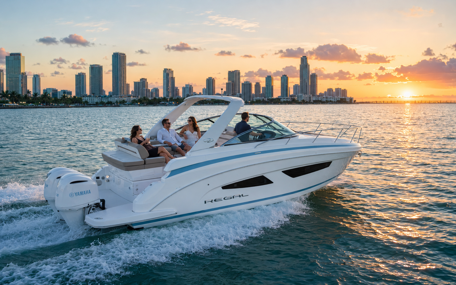 Regal 33 OBX evening cruise with the Miami skyline